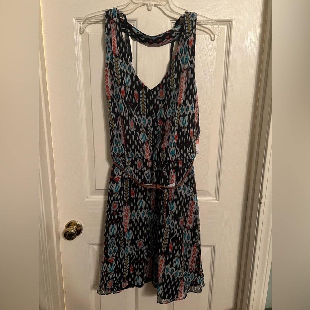 Bisou Bisou, Multicolored Dress, Brown and Gold Belt, Size 14